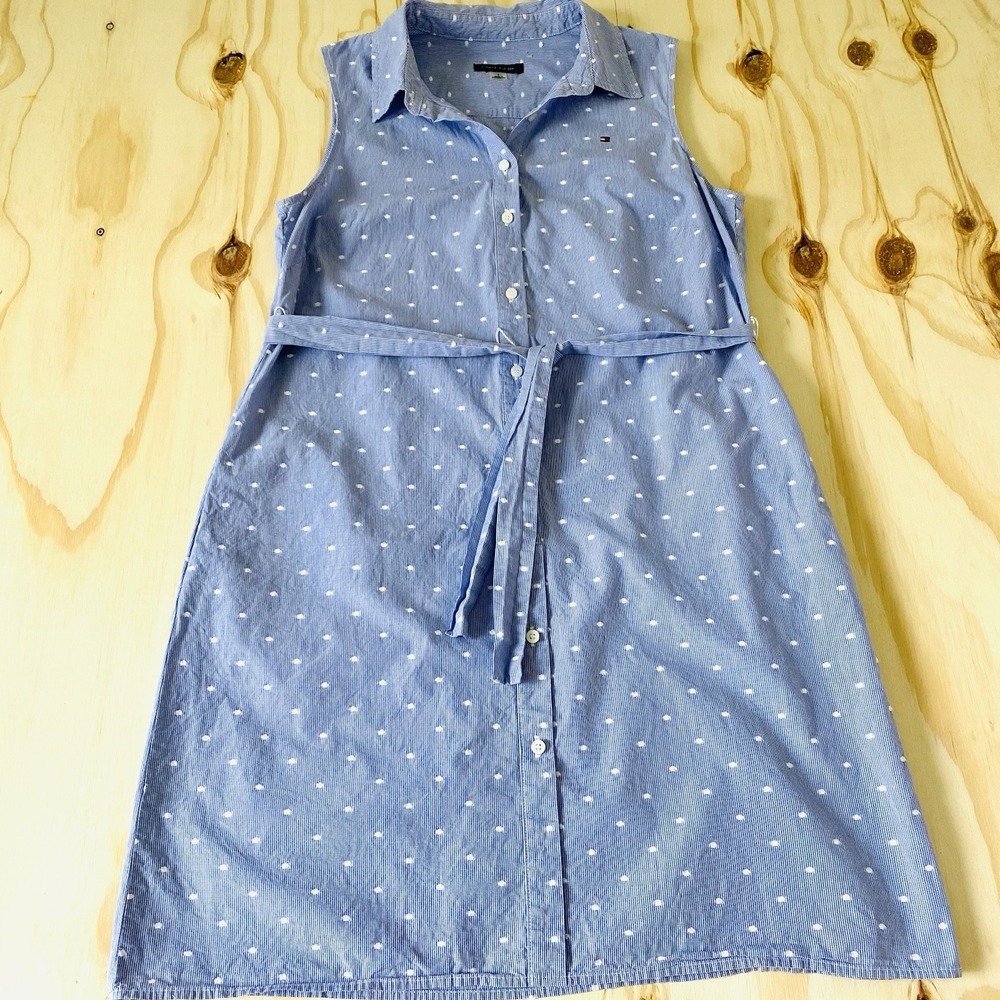 Tommy Hilfiger Blue White Gingham Polka Dot Tie Waist Shirt Dress Size 8 - Picture 4 of 11